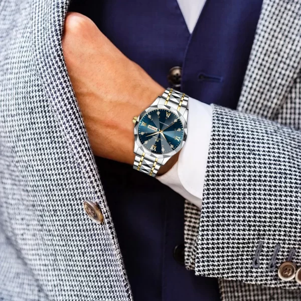 Men Watch Water Diamond Luxury Night Glow Double Calendar Quartz Movement 41mm Blue Gold Stainless Steel Fashion Business Watch - Imagem 5