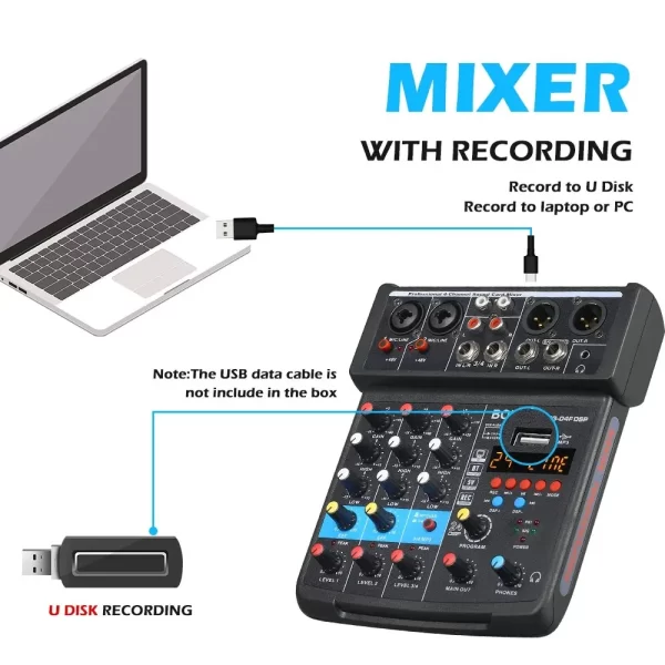 BOMGE 4 Channel DJ Audio Sound Mixer Interface Mixing Console Desktop Karaoke with MP3 Input USB Bluetooth Input Stereo - Imagem 5