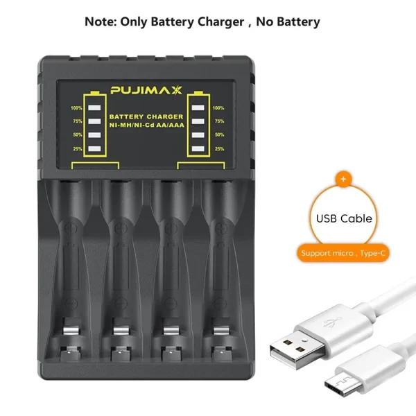 AA/AAA Battery Charger 4 Slots Intelligent LED Indicator USB C Micro Charger for Ni-MH/Ni-Cd Rechargeable AA/AAA Battery Charger - Imagem 7