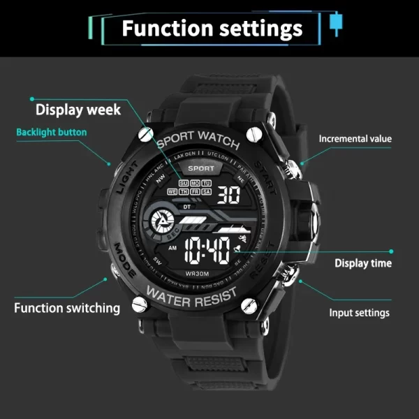 YIKAZE Men's Sports Watch Waterproof Man Sport Watches Multifuction LED Digital Military Watch Alarm Clock Electronic Wristwatch - Imagem 4
