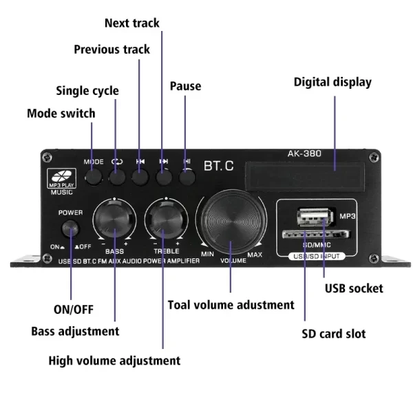 Bluetooth Amplifier AK380/AK370/AK170 800W Audio Karaoke Home Theater Amplifiers 2 Channel Power Class D Amplifie-r USB SD AUX - Imagem 4