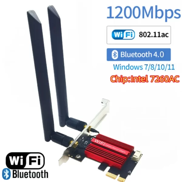 1200Mbps PCI-E WIFI Wireless Network Card Desktop Dual Band antenna 8DB 2.4G 5G PCI e PCIe  2 in 1 WIFI Bluetooth Adapter 7260AC - Imagem 3