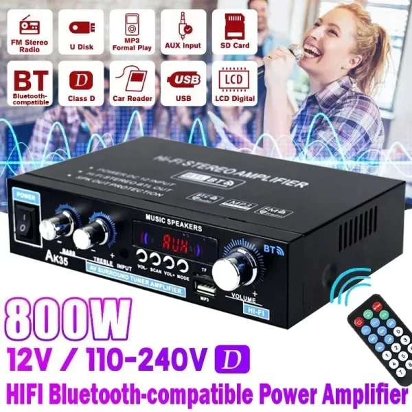Bluetooth Amplifier AK380/AK370/AK170 800W Audio Karaoke Home Theater Amplifiers 2 Channel Power Class D Amplifie-r USB SD AUX - Imagem 7